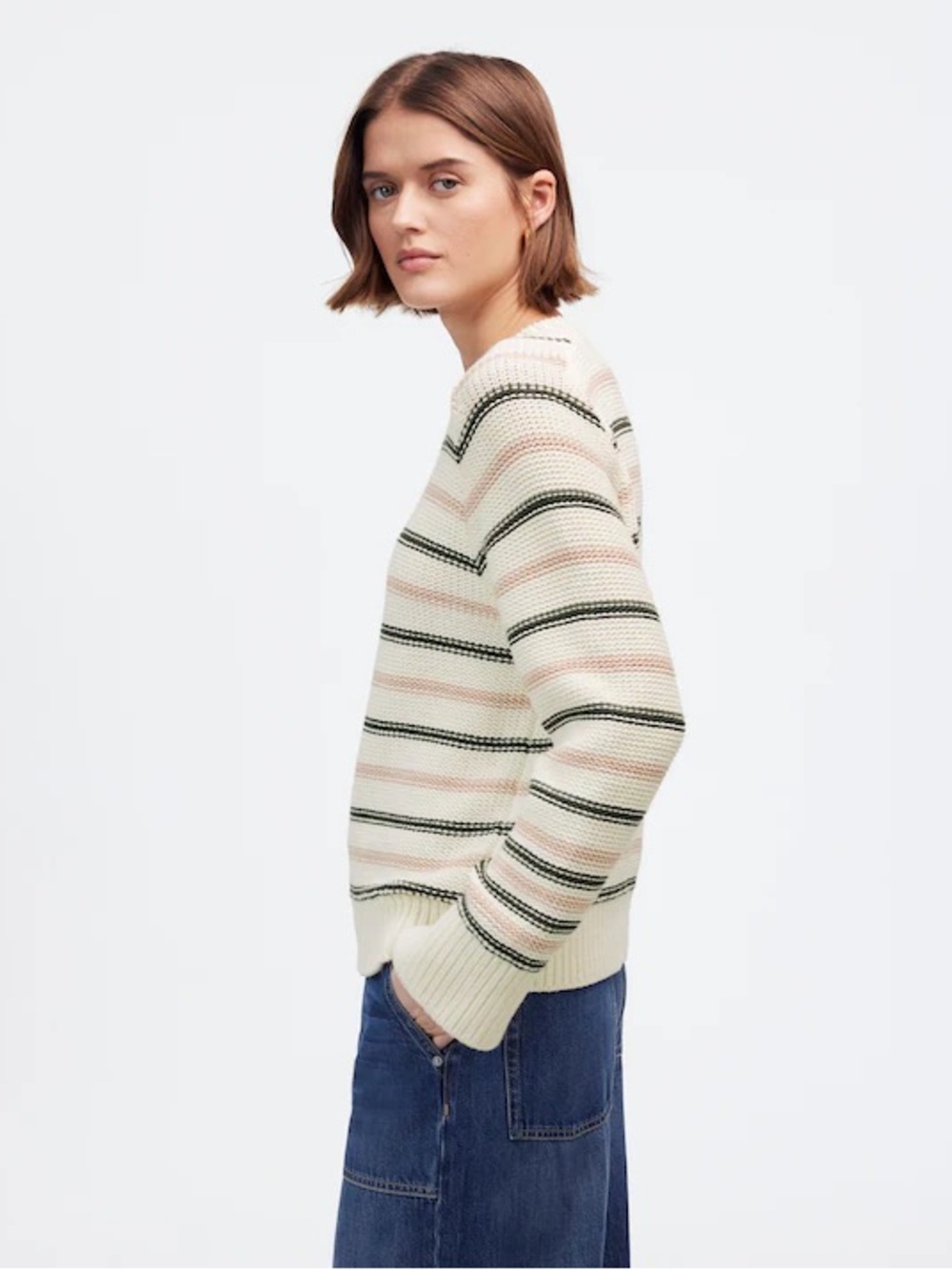 madewell striped cotton crewneck sweater ivory pink green preppy soft